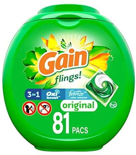 Gain flings! Laundry Detergent Soap Pacs, High Efficiency (HE), Original Scent, 81 Count Gain flings! Laundry Detergent Soap Pacs, High Efficiency (HE), Original Scent, 81 Count