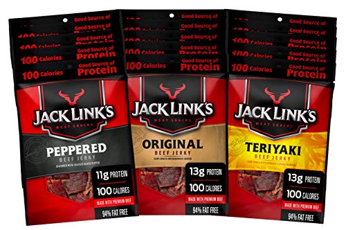 Jack Link’s Beef Jerky Variety Pack – Includes Original, Teriyaki, and Peppered Beef Jerky, Great for Lunch Boxes, Good Source of Protein – 96% Fat Free, No Added MSG