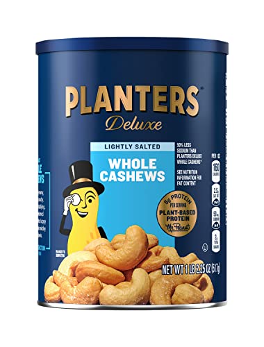PLANTERS Deluxe Lightly Salted Whole Cashews, 1lb 2.25oz . Resealable Canister – Lightly Salted Cashews & Lightly Salted Nuts – Nutrient Dense Snacks for Adults & Kids – Vegan Snacks, Kosher