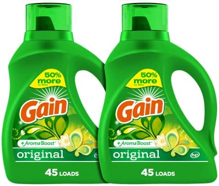 Gain Laundry Detergent Liquid Soap Plus Aroma Boost, Original Scent, HE Compatible, 90 Loads Total, 65 Fl Oz (Pack of 2) Gain Laundry Detergent Liquid Soap Plus Aroma Boost, Original Scent, HE Compatible, 90 Loads Total, 65 Fl Oz (Pack of 2)