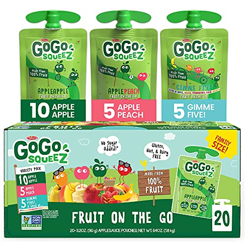 GoGo squeeZ Fruit on the Go Variety Pack, Apple Apple, Apple Peach, & Gimme 5, 3.2 oz. (20 Pouches) – Tasty Kids Applesauce Snacks – Gluten Free Snacks for Kids – Nut & Dairy Free – Vegan
